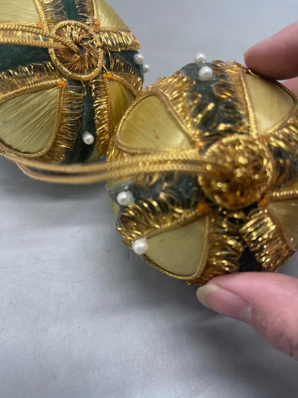 vintage set of 2 silk Christmas ornament gold green ribbon embellished felt READ